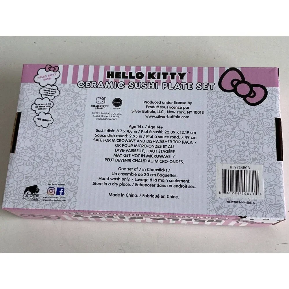 3 Piece Sanrio Hello Kitty Pink Ceramic Sushi Set With Sauce Bowl and Chopsticks